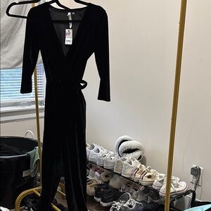 Black Long Sleeve Wrap Jumpsuit V-Neck